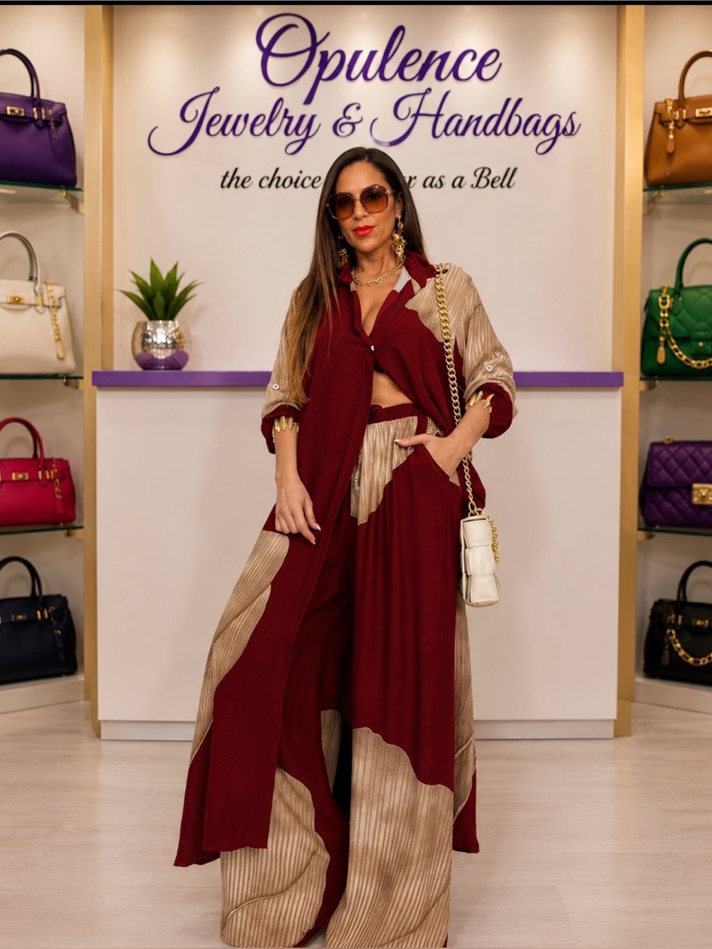 Women's Burgundy & Gold Two-Piece Wide-Leg Jumpsuit Set
